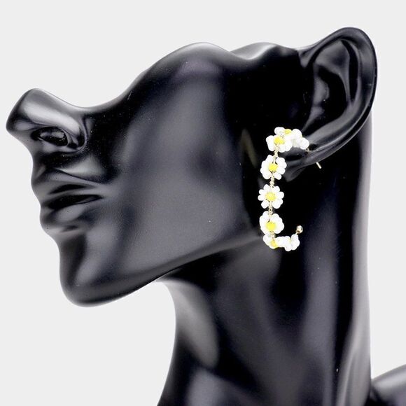 5/$25 Flower White & Yellow Seed Beaded Earrings - Picture 1 of 6